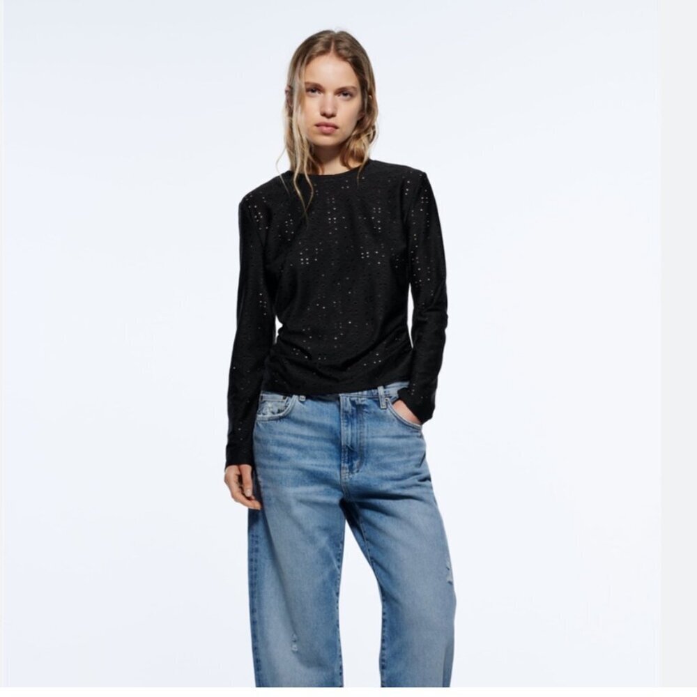 NWT Zara Black Embroidery Eyelet Long Sleeve Top, Size Small